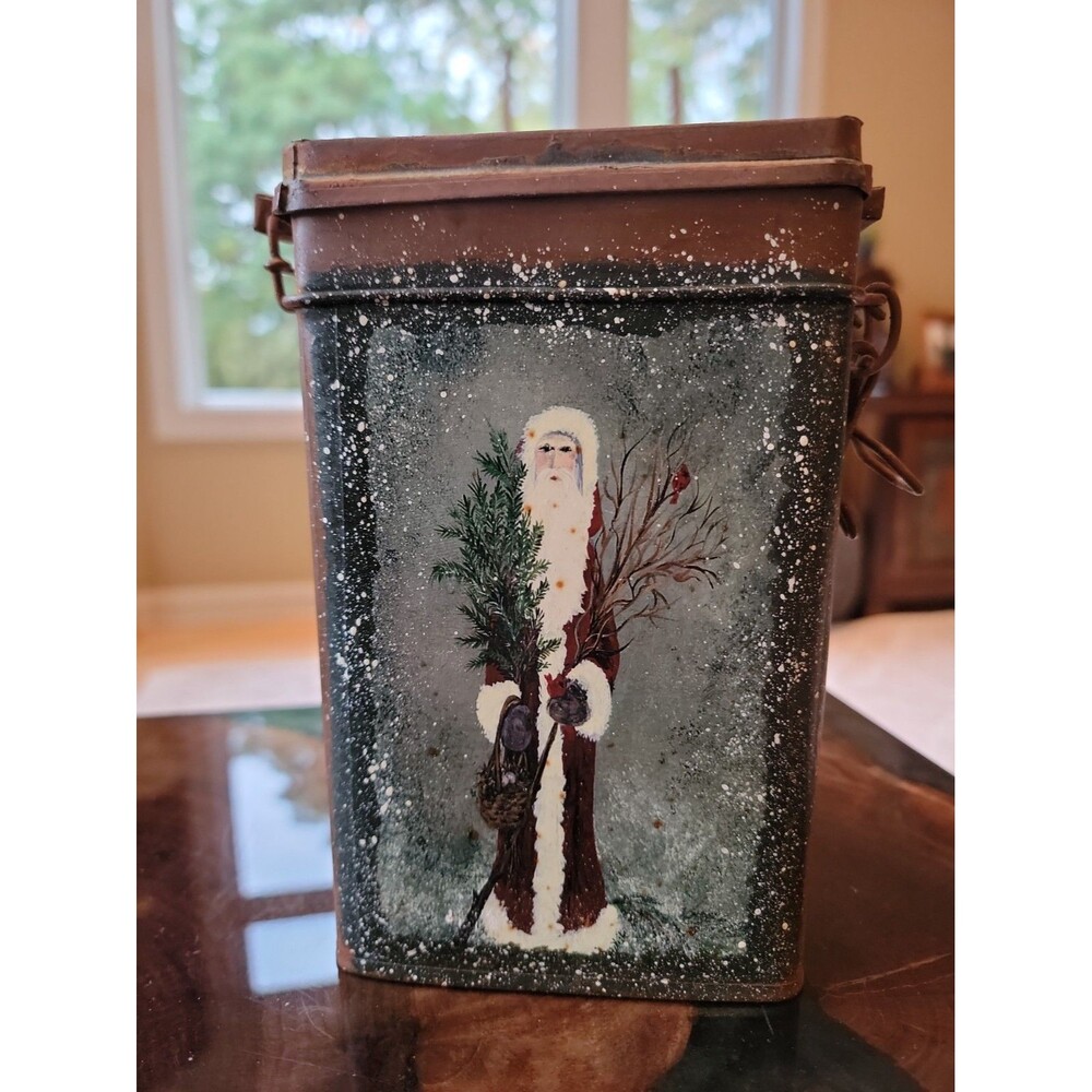 Vintage Handpainted Rustic Folk Art Santa Tin Box 2.5x6.5